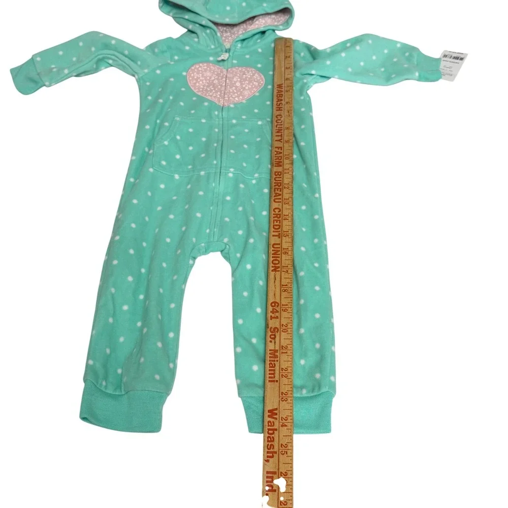 Carters Baby Girl 12M Mint Green Polka Dot Fleece Hooded Jumpsuit Heart